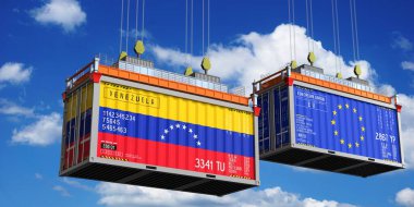 Venezuela ve Avrupa Birliği bayraklı konteynırlar - 3D illüstrasyon