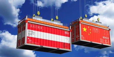 Avusturya ve Çin bayraklı nakliye konteynerleri - 3 boyutlu illüstrasyon