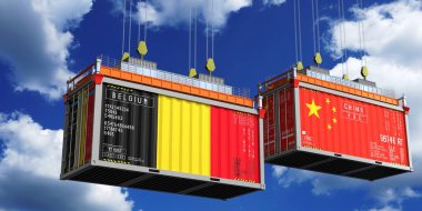 Belçika ve Çin bayraklı nakliye konteynerleri - 3 boyutlu illüstrasyon