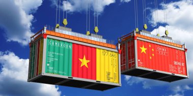 İçinde Kamerun ve Çin bayrakları olan konteynırlar - 3 boyutlu illüstrasyon