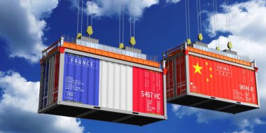 İçinde Fransa ve Çin bayrakları olan konteynırlar - 3D illüstrasyon