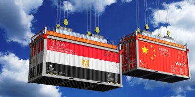 Mısır ve Çin bayraklı konteynırlar - 3D illüstrasyon