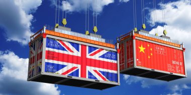 Birleşik Krallık ve Çin bayraklı nakliye konteynerleri - 3 boyutlu illüstrasyon