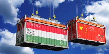 İçinde Macaristan ve Çin bayrakları olan konteynırlar - 3D illüstrasyon