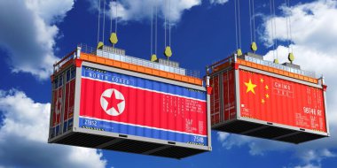 Kuzey Kore ve Çin 'in bayraklı konteynırları - 3 boyutlu illüstrasyon