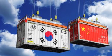 Güney Kore ve Çin bayraklı nakliye konteynerleri - 3 boyutlu illüstrasyon