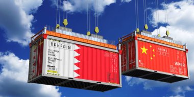 Bahreyn ve Çin bayraklı konteynırlar - 3 boyutlu illüstrasyon