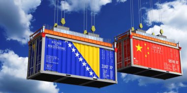 Bosna-Hersek ve Çin 'in bayraklı konteynırları - 3D illüstrasyon