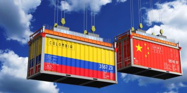 İçinde Kolombiya ve Çin bayrakları olan konteynırlar - 3 boyutlu illüstrasyon