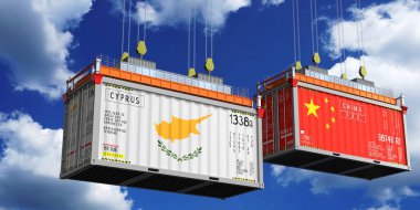 Kıbrıs ve Çin 'in bayraklı konteynırları - 3D illüstrasyon