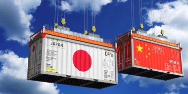 Japon ve Çin bayraklı nakliye konteynerleri - 3 boyutlu illüstrasyon