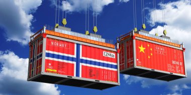 Norveç ve Çin 'in bayraklı konteynırları - 3D illüstrasyon