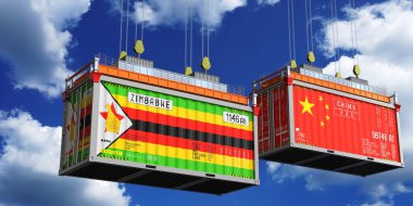 İçinde Zimbabwe ve Çin bayrakları olan konteynırlar - 3 boyutlu illüstrasyon