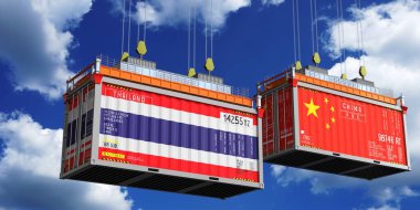 Tayland ve Çin bayraklı konteynırlar - 3 boyutlu illüstrasyon