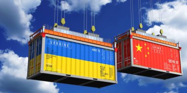 Ukrayna ve Çin bayraklı konteynırlar - 3D illüstrasyon