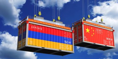 İçinde Ermenistan ve Çin bayrakları olan konteynırlar - 3 boyutlu illüstrasyon