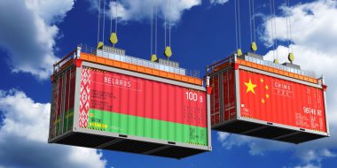 Beyaz Rusya ve Çin 'in bayraklı konteynırları - 3 boyutlu illüstrasyon