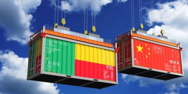 İçinde Benin ve Çin bayrakları olan konteynırlar - 3 boyutlu illüstrasyon