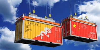 İçinde Bhutan ve Çin bayrakları olan konteynırlar - 3D illüstrasyon
