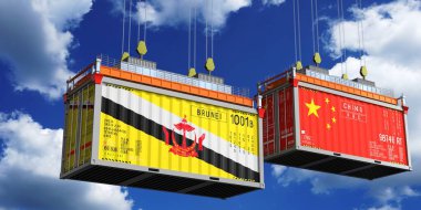 Brunei ve Çin bayraklı konteynırlar - 3 boyutlu illüstrasyon