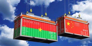 İçinde Burkina Faso ve Çin bayrakları olan konteynırlar - 3 boyutlu illüstrasyon