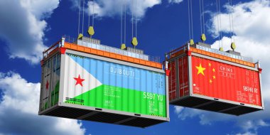 Cibuti ve Çin bayraklı nakliye konteynerleri - 3D illüstrasyon
