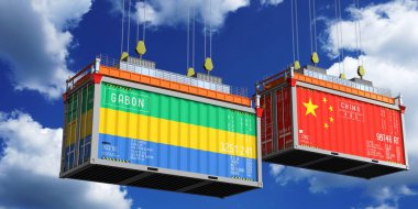 Gabon ve Çin 'in bayraklı konteynırları - 3 boyutlu illüstrasyon