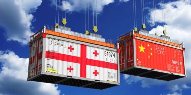 Gürcistan ve Çin 'in bayraklı konteynerleri - 3D illüstrasyon