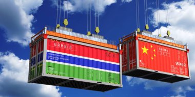 Gambiya ve Çin bayraklı nakliye konteynerleri - 3 boyutlu illüstrasyon