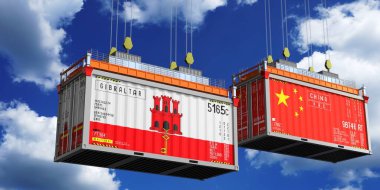 Cebelitarık ve Çin bayraklı konteynırlar - 3 boyutlu illüstrasyon