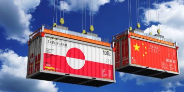 Grönland ve Çin bayraklı konteynırlar - 3D illüstrasyon