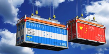 İçinde Honduras ve Çin bayrakları olan konteynırlar - 3 boyutlu illüstrasyon