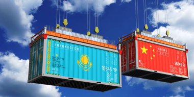 İçinde Kazakistan ve Çin bayrakları olan konteynırlar - 3 boyutlu illüstrasyon