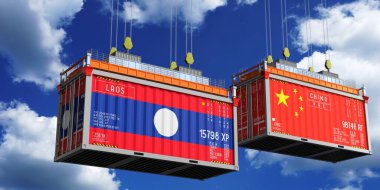 Laos ve Çin bayraklı nakliye konteynerleri - 3 boyutlu illüstrasyon