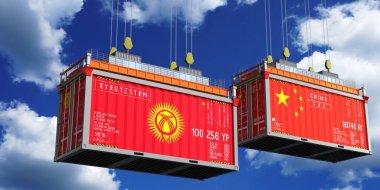 Kırgızistan ve Çin 'in bayraklı konteynırları - 3D illüstrasyon