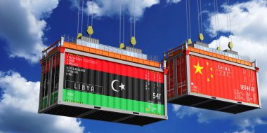 Libya ve Çin 'in bayraklı konteynerleri - 3D illüstrasyon