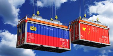 Lihtenştayn ve Çin bayraklı konteynırlar - 3D illüstrasyon