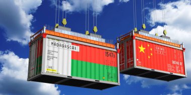 Madagaskar ve Çin bayraklı nakliye konteynerleri - 3 boyutlu illüstrasyon