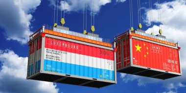 Lüksemburg ve Çin bayraklı nakliye konteynerleri - 3 boyutlu illüstrasyon