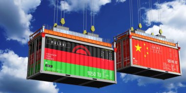 İçinde Malawi ve Çin bayrakları olan konteynırlar - 3 boyutlu illüstrasyon
