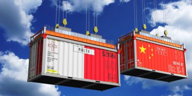 Malta ve Çin bayraklı nakliye konteynerleri - 3 boyutlu illüstrasyon