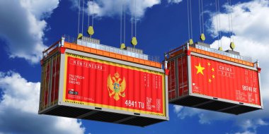 Karadağ ve Çin 'in bayraklı konteynırları - 3 boyutlu illüstrasyon