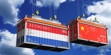 Hollanda ve Çin 'in bayraklı konteynırları - 3D illüstrasyon