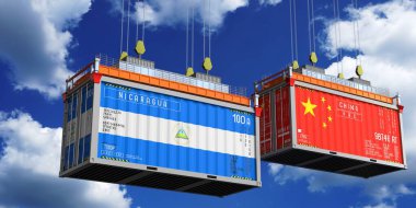 Nikaragua ve Çin bayraklı konteynırlar - 3 boyutlu illüstrasyon