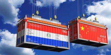 İçinde Paraguay ve Çin bayrakları olan konteynırlar - 3D illüstrasyon