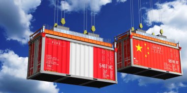 İçinde Peru ve Çin bayrakları olan konteynırlar - 3 boyutlu illüstrasyon