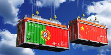 Portekiz ve Çin bayraklı nakliye konteynerleri - 3 boyutlu illüstrasyon