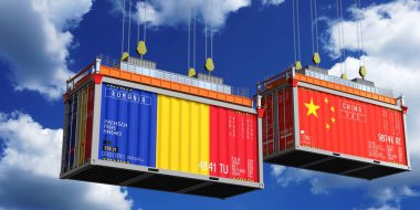 Romanya ve Çin 'in bayraklı konteynırları - 3D illüstrasyon