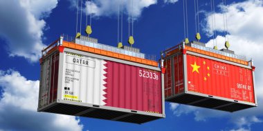 Katar ve Çin bayraklı nakliye konteynerleri - 3D illüstrasyon