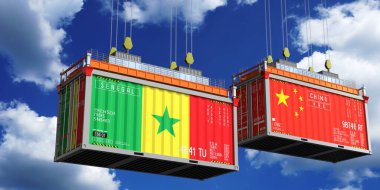Senegal ve Çin bayraklı nakliye konteynerleri - 3 boyutlu illüstrasyon